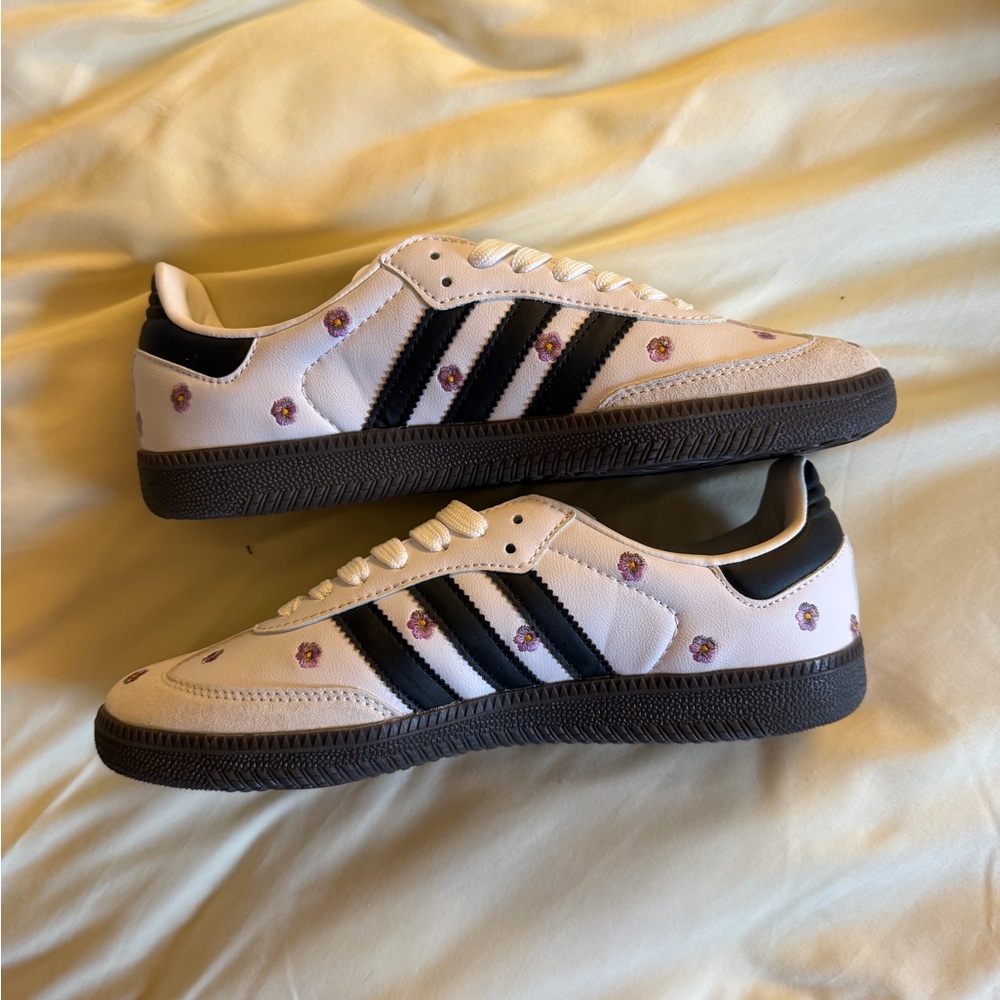 Adidas White and Black Sneakers with flowers